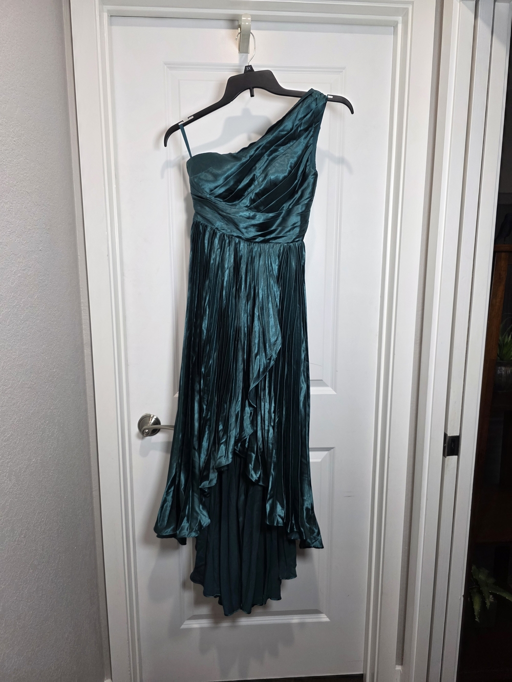 Teal One-Shoulder Pleated Evening Dress